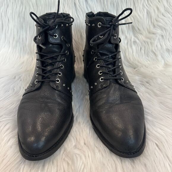Stuart Weitzman Lashease Studded Moto Ankle Boots Leather Lace-Up Flat Black - Picture 3 of 10